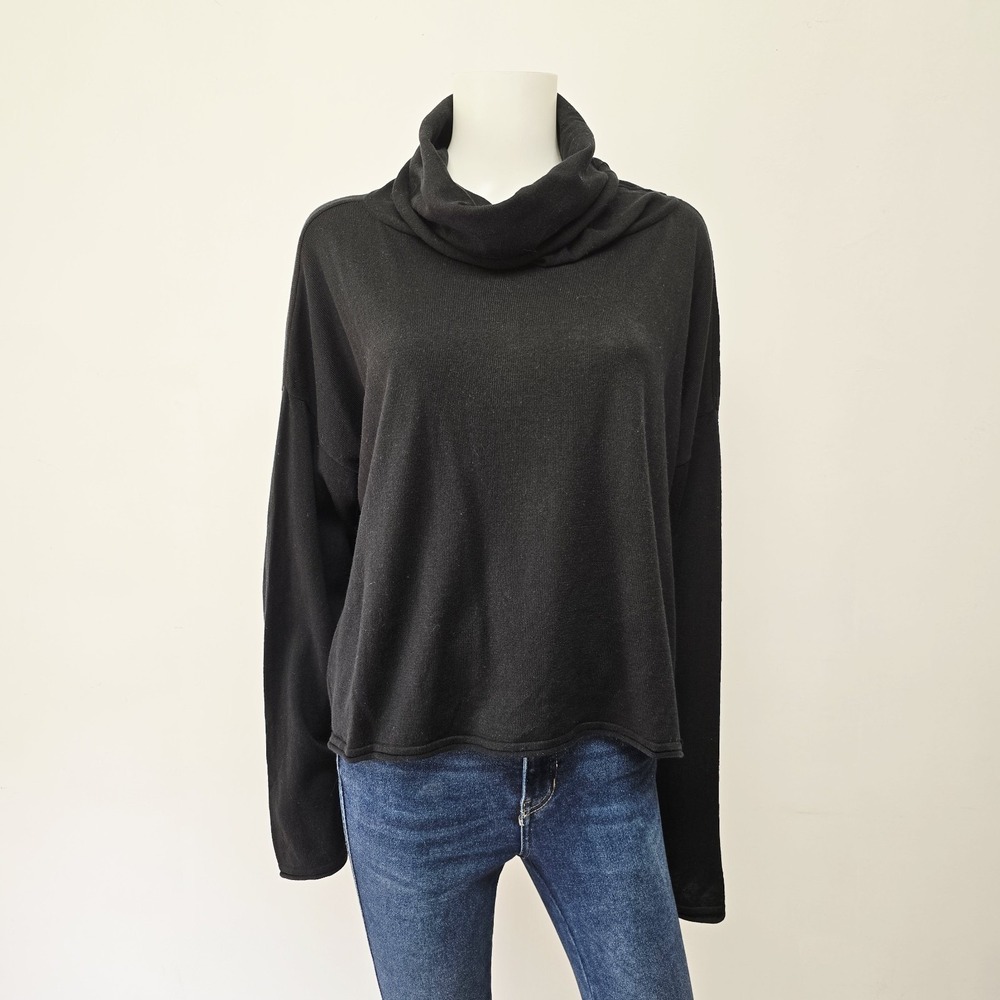 Planet Lauren G Black Pima Cotton Tencel Knit Cropped Cowl Neck Sweater One Size